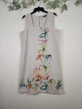 For Cynthia Size L Linen Blend Sleeveless Natural Beige Tropical Women's Dress